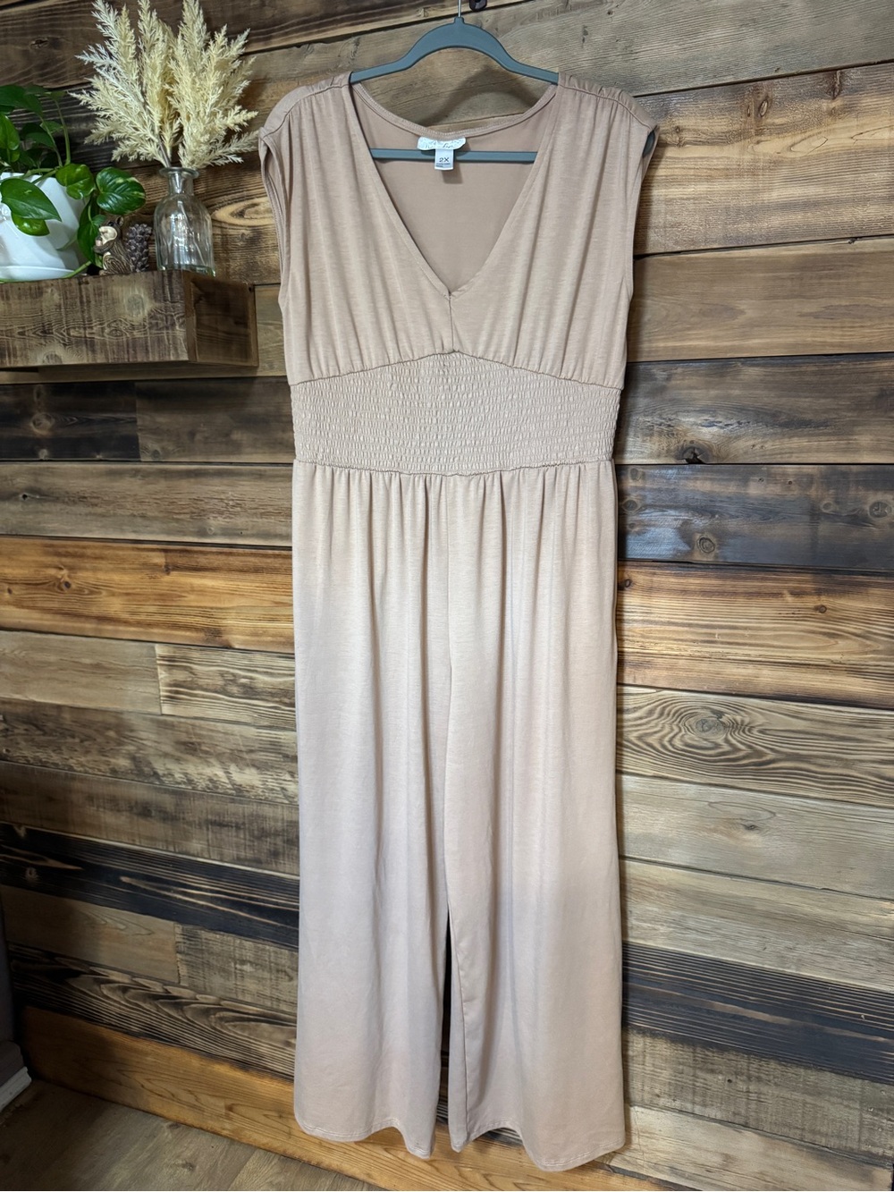 Neutral Taupe V-Neck Jumpsuit Sz 12/14 tank lightweight